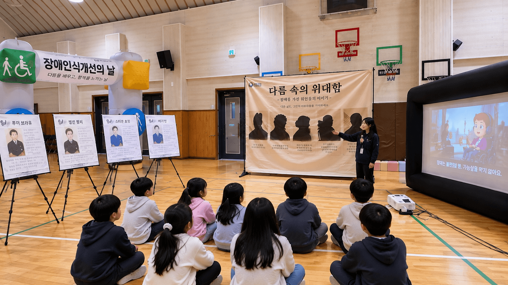 강사가 장애가 있는 위인들을 소개하는 '다름 속의 위대함' 보드 앞에서 초등학생들에게 설명하는 모습